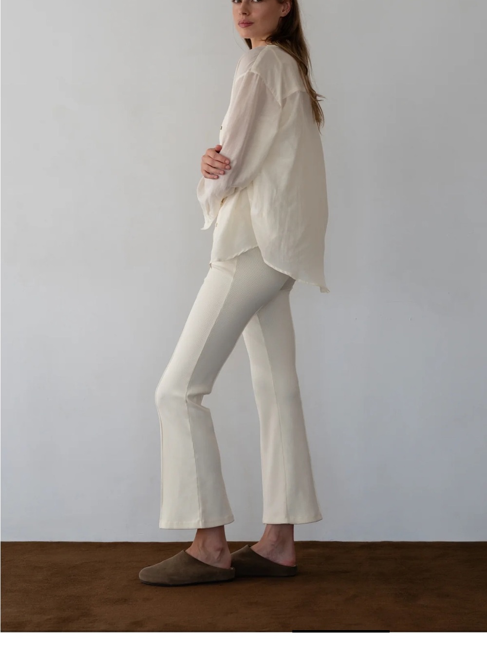DONNI. Cream Rib Kick Flare Pants